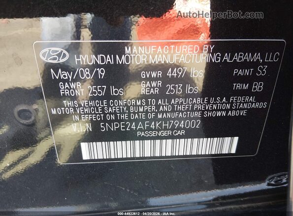 5NPE24AF4KH794002 2019 HYUNDAI SONATA Black ძრავის განყოფილების ხედი