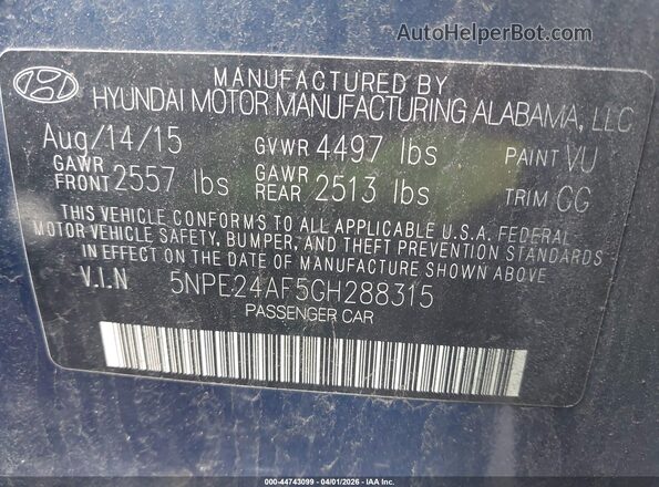 5NPE24AF5GH288315 2016 HYUNDAI SONATA Синий Вид подкапотного пространства