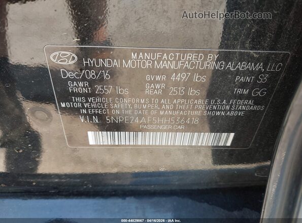 5NPE24AF5HH536418 2017 HYUNDAI SONATA Черный Вид подкапотного пространства