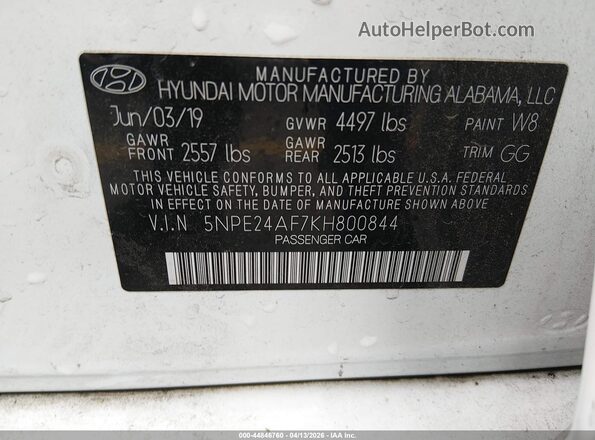 5NPE24AF7KH800844 2019 HYUNDAI SONATA White 