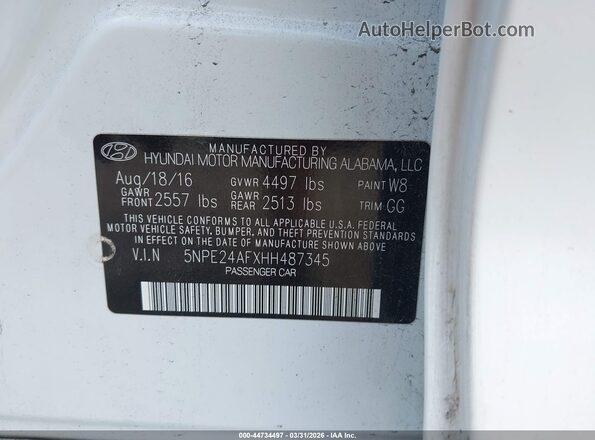 5NPE24AFXHH487345 2017 HYUNDAI SONATA Белый Вид подкапотного пространства