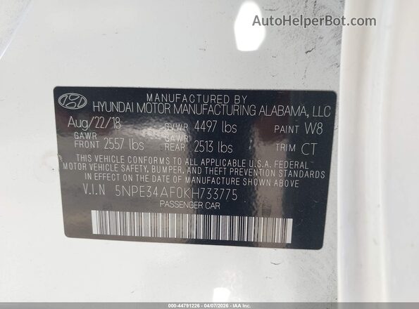 5NPE34AF0KH733775 2019 HYUNDAI SONATA White 