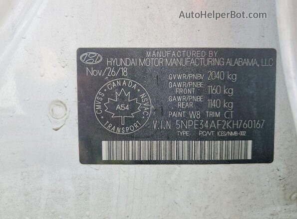 5NPE34AF2KH760167 2019 HYUNDAI SONATA White ძრავის განყოფილების ხედი