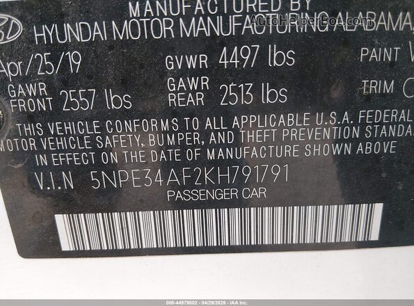 5NPE34AF2KH791791 2019 HYUNDAI SONATA White Vista del compartimento del motor