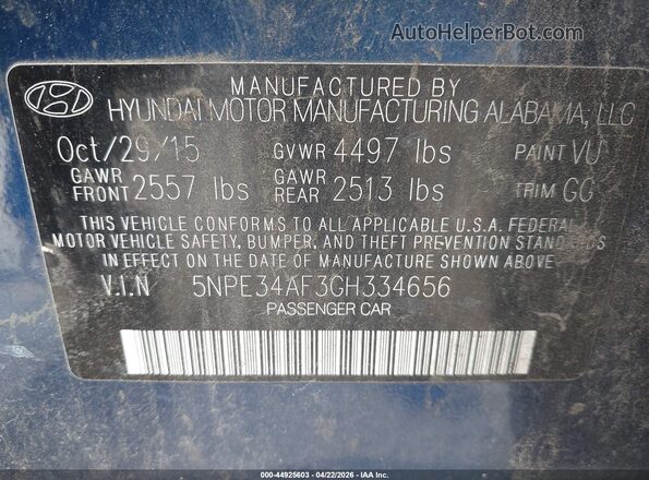 5NPE34AF3GH334656 2016 HYUNDAI SONATA Blue Engine compartment view