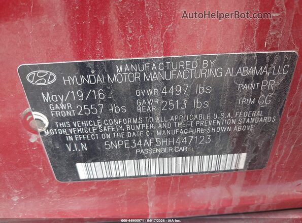 5NPE34AF5HH447123 2017 HYUNDAI SONATA Red Շարժիչի բաժամունքի տեսք