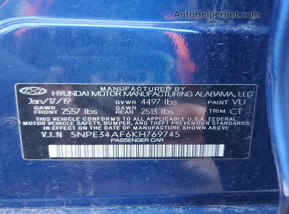 5NPE34AF6KH769745 2019 HYUNDAI SONATA Blue 