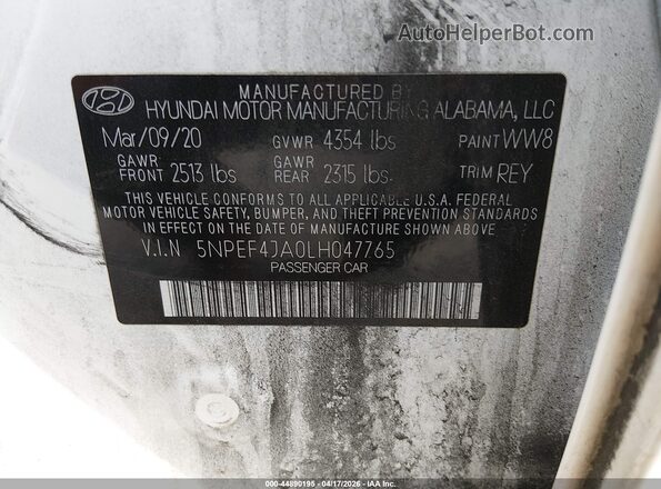 5NPEF4JA0LH047765 2020 HYUNDAI SONATA White 