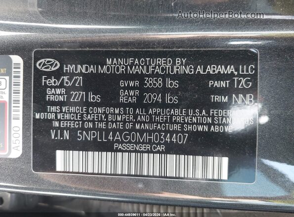 5NPLL4AG0MH034407 2021 HYUNDAI ELANTRA Gray 
