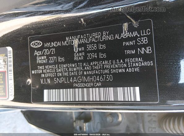 5NPLL4AG1MH046730 2021 HYUNDAI ELANTRA Black Engine compartment view