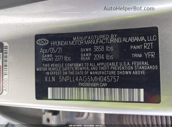 5NPLL4AG5MH045757 2021 HYUNDAI ELANTRA Silver Engine compartment view