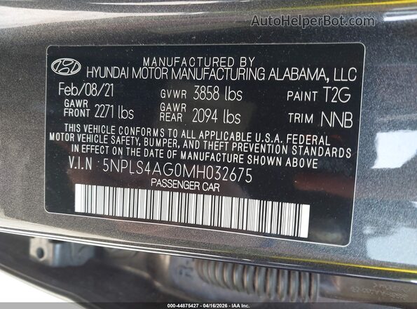 5NPLS4AG0MH032675 2021 HYUNDAI ELANTRA Gray ძრავის განყოფილების ხედი