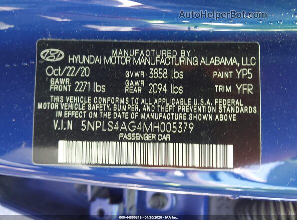 5NPLS4AG4MH005379 2021 HYUNDAI ELANTRA Blue VIN sticker view