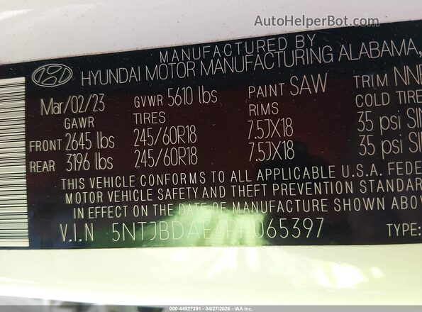 5NTJBDAE4PH065397 2023 HYUNDAI SANTA CRUZ White Вид підкапотного простору