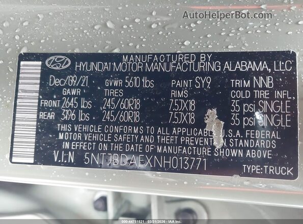 5NTJBDAEXNH013771 2022 HYUNDAI SANTA CRUZ Green Engine compartment view