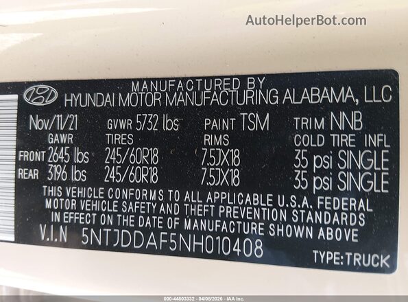 5NTJDDAF5NH010408 2022 HYUNDAI SANTA CRUZ Кремовый Вид подкапотного пространства