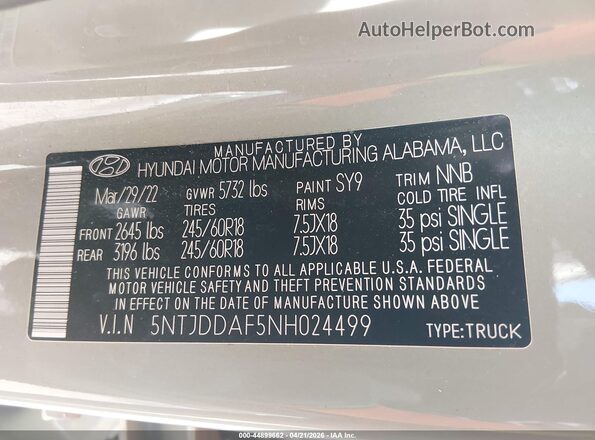 5NTJDDAF5NH024499 2022 HYUNDAI SANTA CRUZ Green Engine compartment view