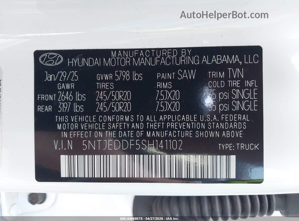 5NTJEDDF5SH141102 2025 HYUNDAI SANTA CRUZ White Vista del compartimento del motor