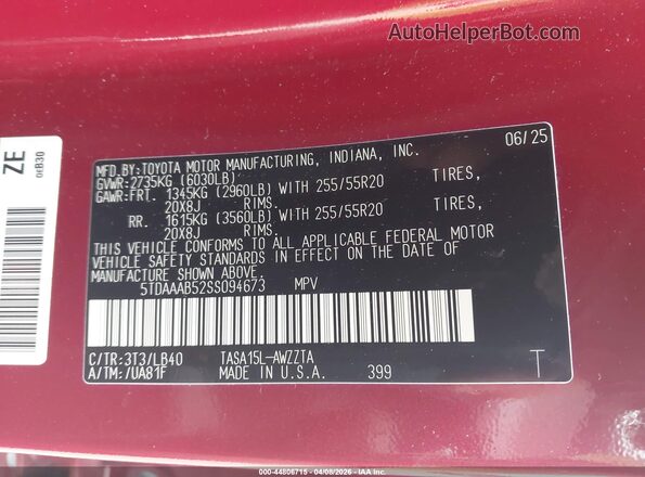 5TDAAAB52SS094673 2025 TOYOTA GRAND HIGHLANDER Red Engine compartment view