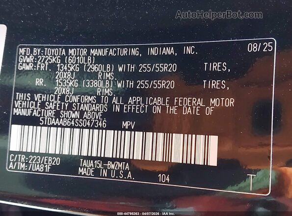 5TDAAAB64SS047346 2025 LEXUS TX 350 Black Engine compartment view