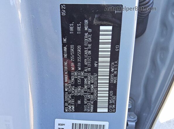 5TDADAB51SS018787 2025 TOYOTA HIGHLANDER HYBRID Серый Вид наклейки с VIN-кодом