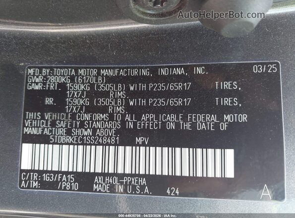 5TDBRKEC1SS248481 2025 TOYOTA LE Gray 