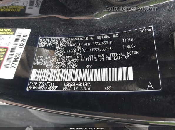 5TDBY5G10HS147828 2017 TOYOTA SEQUOIA Black ძრავის განყოფილების ხედი