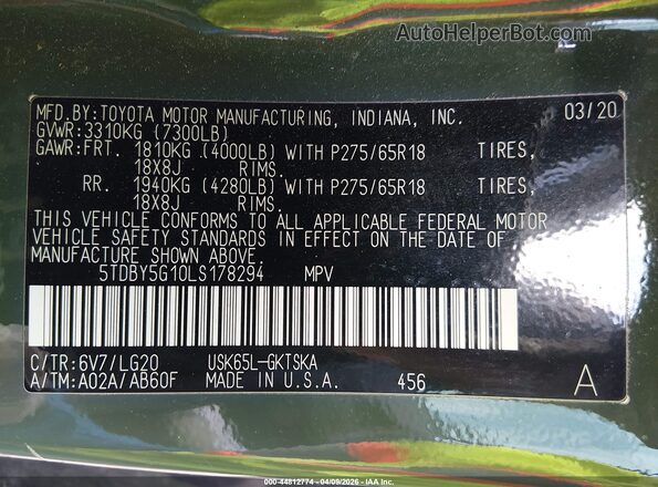 5TDBY5G10LS178294 2020 TOYOTA SEQUOIA Green 