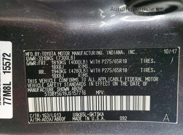 5TDBY5G19JS157716 2018 TOYOTA SEQUOIA Серый Вид наклейки с VIN-кодом