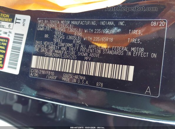 5TDBZRBH7LS045265 2020 TOYOTA LE Black Widok komory silnika