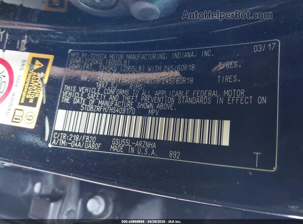 5TDBZRFH7HS409170 2017 TOYOTA LE Black Вид підкапотного простору