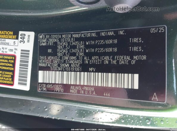 5TDCSKFC1SS191061 2025 TOYOTA SIENNA Green Շարժիչի բաժամունքի տեսք
