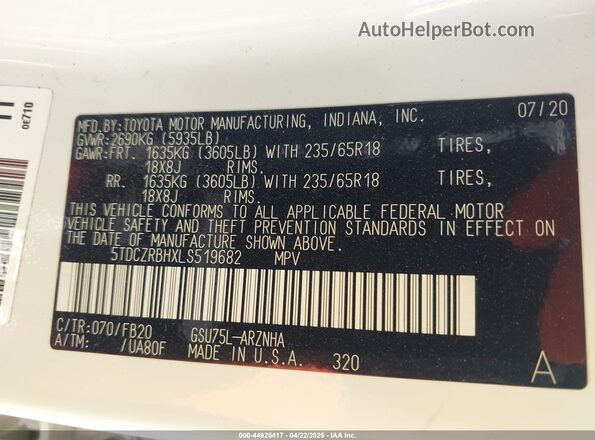 5TDCZRBHXLS519682 2020 TOYOTA HIGHLANDER White 