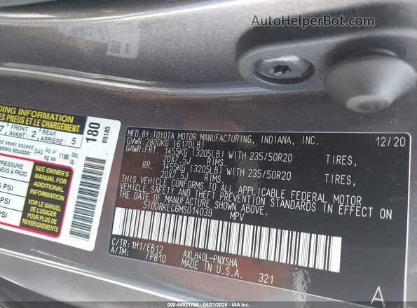 5TDDRKEC6MS014039 2021 TOYOTA SIENNA Gray 