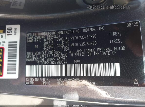 5TDDRKEC6SS280044 2025 TOYOTA SIENNA Gray Շարժիչի բաժամունքի տեսք
