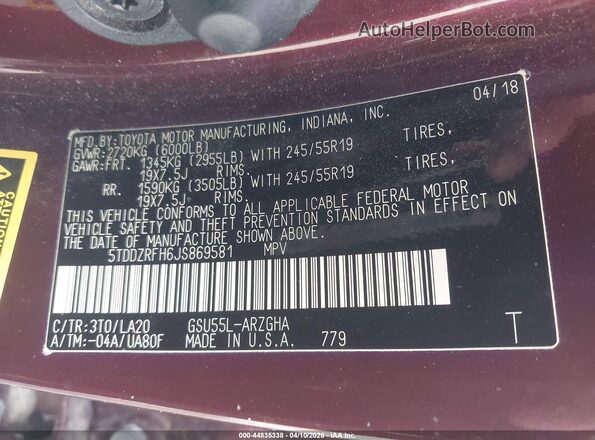 5TDDZRFH6JS869581 2018 TOYOTA LIMITED Maroon Շարժիչի բաժամունքի տեսք