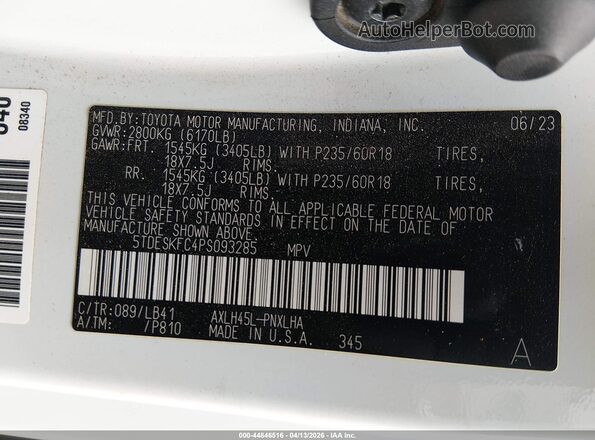 5TDESKFC4PS093285 2023 TOYOTA SIENNA White ძრავის განყოფილების ხედი