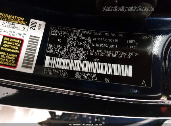 5TDESKFC9SS188322 2025 TOYOTA SIENNA Blue 