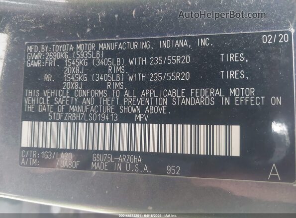 5TDFZRBH7LS019413 2020 TOYOTA HIGHLANDER Gray Vista del compartimento del motor