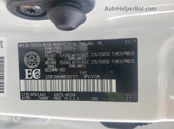 5TDFZRBH8MS102172 2021 TOYOTA HIGHLANDER White Панорамний вид салону 360°