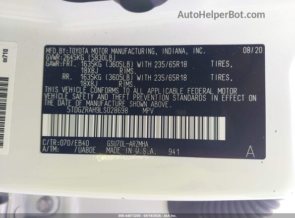 5TDGZRAH9LS028698 2020 TOYOTA LE White Вид підкапотного простору