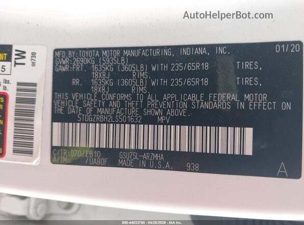 5TDGZRBH2LS501632 2020 TOYOTA LE White 