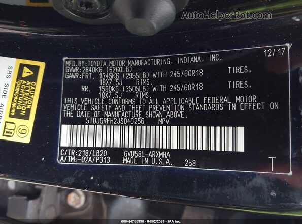 5TDJGRFH2JS040256 2018 TOYOTA LE Black Vista del compartimento del motor