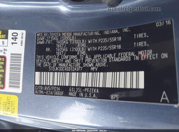 5TDJK3DCXGS134977 2016 TOYOTA LE Blue Вид наклейки з VIN-кодом