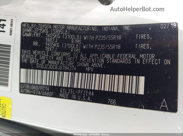 5TDJZ3DC8JS194274 2018 TOYOTA LE White Engine compartment view
