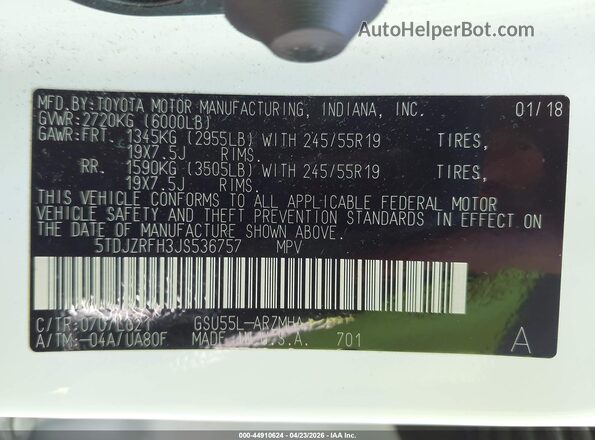 5TDJZRFH3JS536757 2018 TOYOTA HIGHLANDER White Շարժիչի բաժամունքի տեսք
