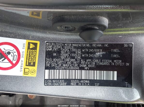 5TDJZRFH3JS884946 2018 TOYOTA LE Gray Вид підкапотного простору