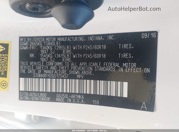 5TDKKRFH2GS175457 2016 TOYOTA LE Белый Вид подкапотного пространства