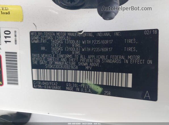 5TDKZ3DC8JS921658 2018 TOYOTA LE White Widok komory silnika