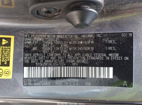 5TDKZRFH6JS541004 2018 TOYOTA LE Gray Вид підкапотного простору